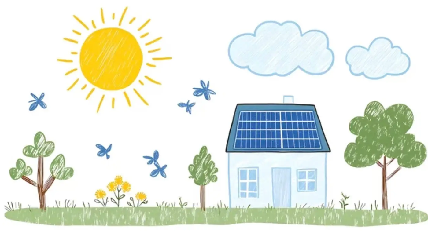 Child's drawing of a house with solar panels