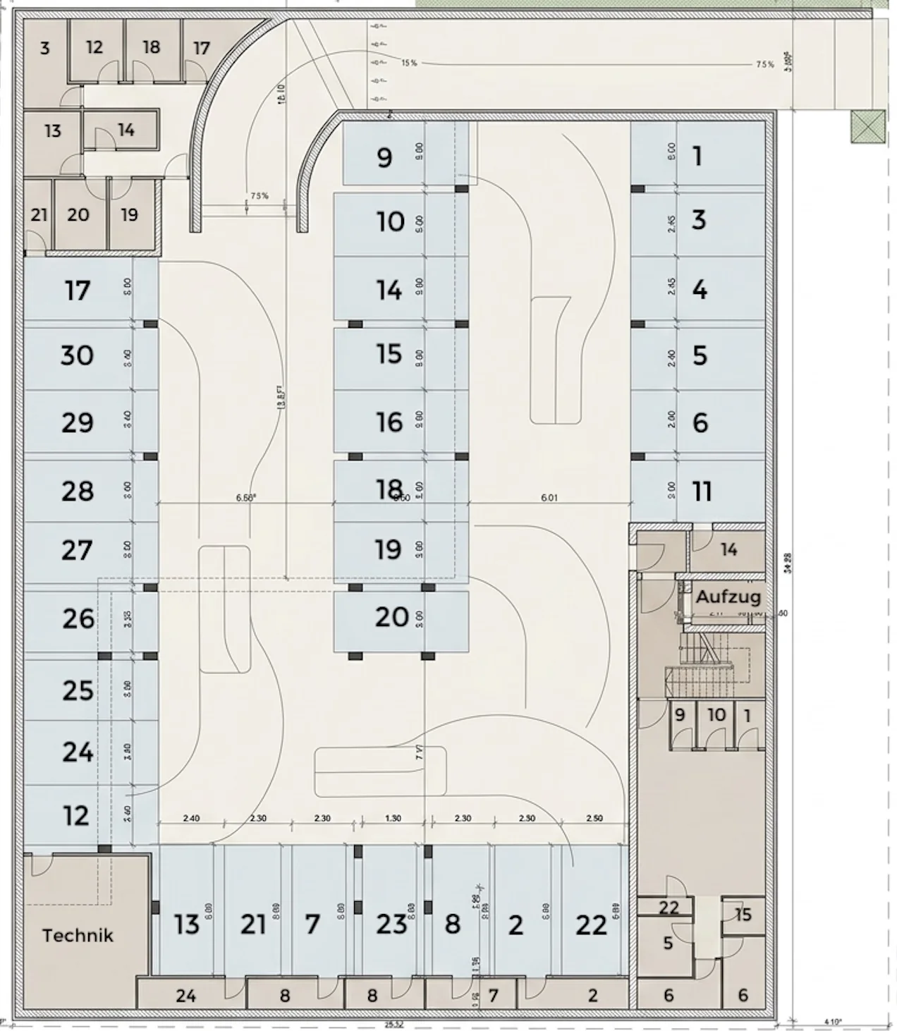 Plan of the underground car park with 36 spaces