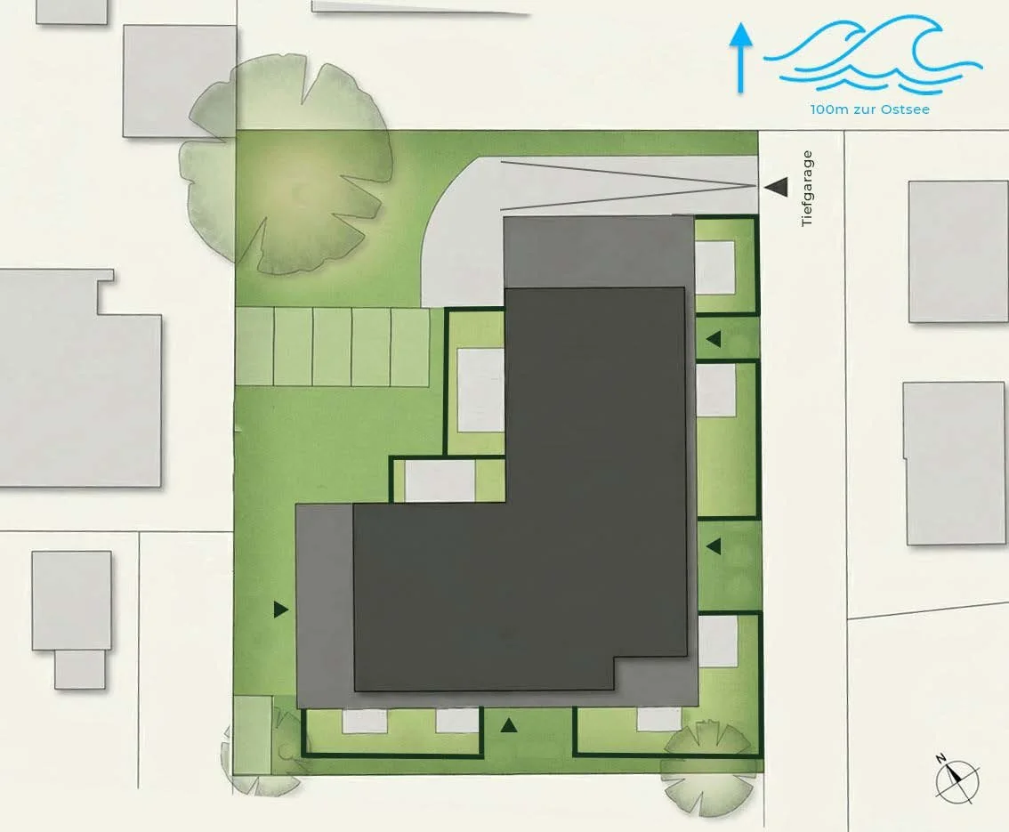 Site plan of Küstenquartier with car park entrance, gardens and terraces