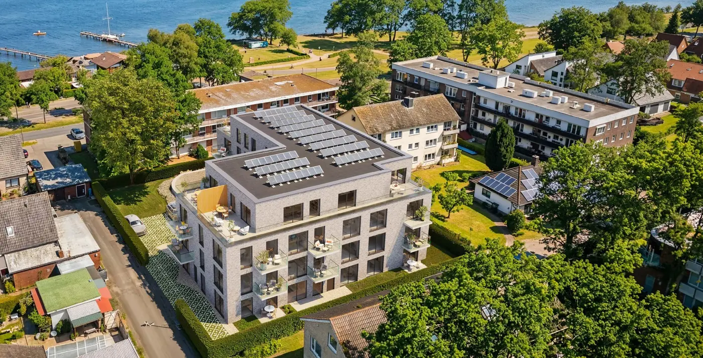 Küstenquartier from the air, with photovoltaics on the roof (visualisation)